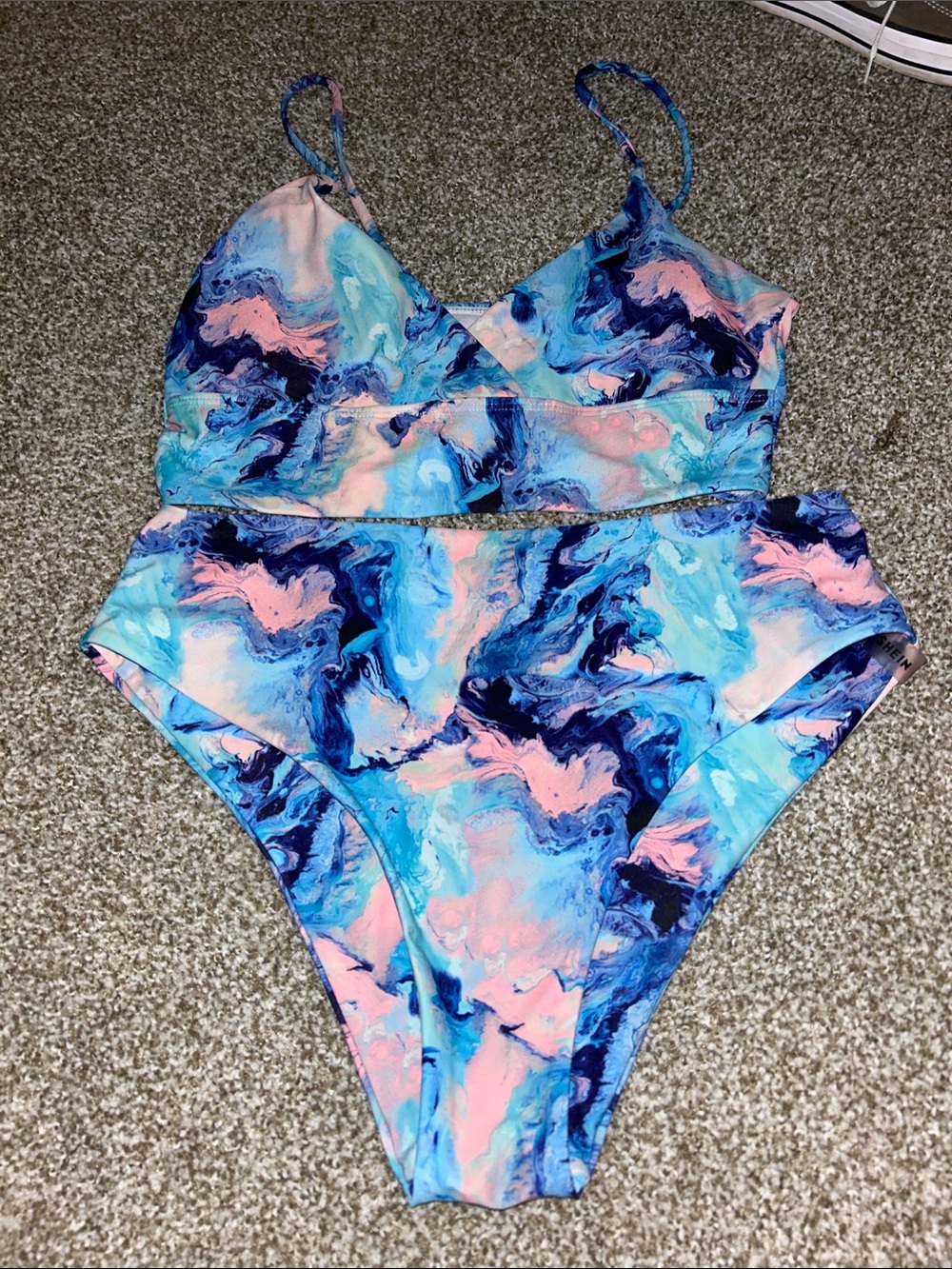 SHEIN Marble-Print Bikini in Blue & Pink